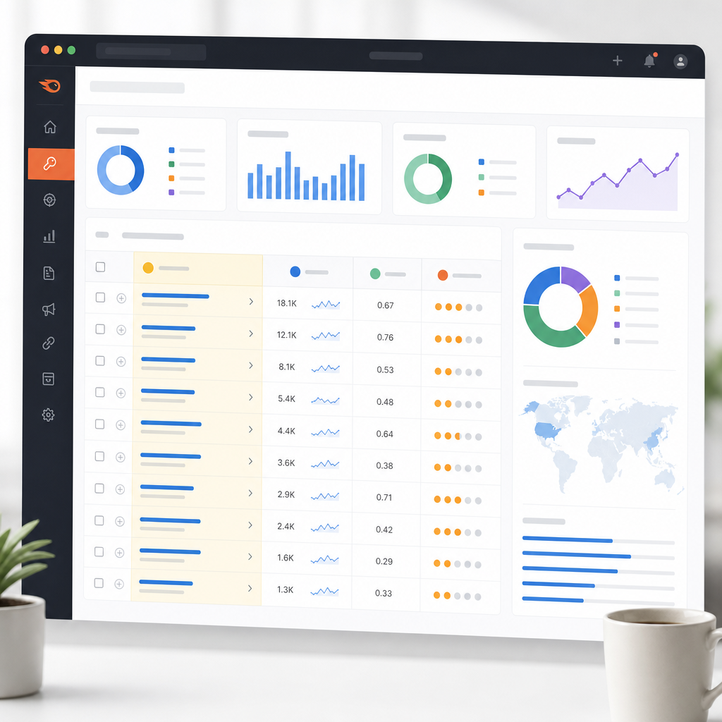 A detailed screenshot showcasing the use of SEMrush for keyword analysis, with keywords highlighted, along with search volume and competition metrics.