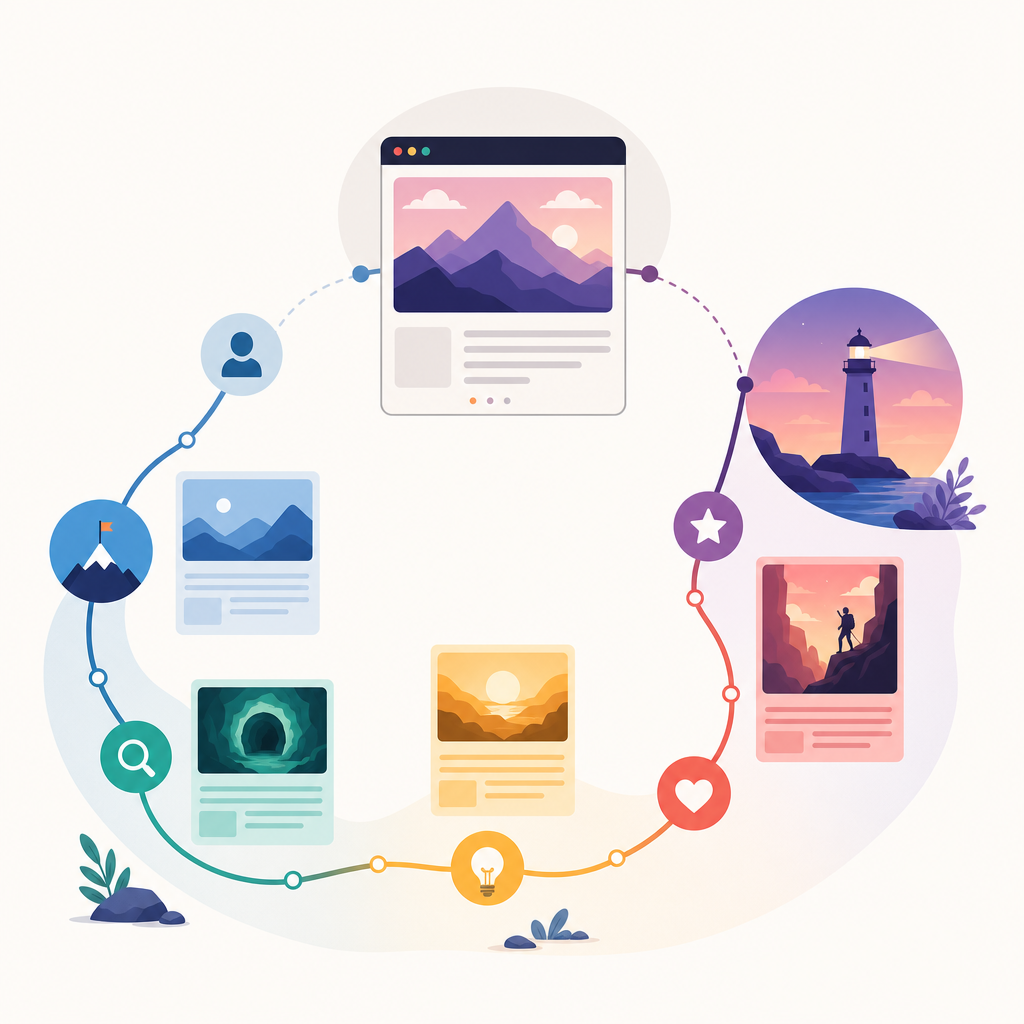 A dynamic image showing a colorful infographic of a web narrative structure, illustrating how various elements tie together to create an engaging story.