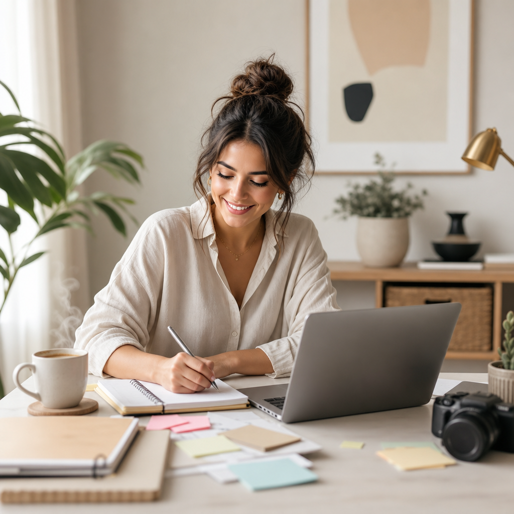 A small business owner happily creating content at a cozy office desk filled with notes, a laptop, and a steaming cup of coffee.
