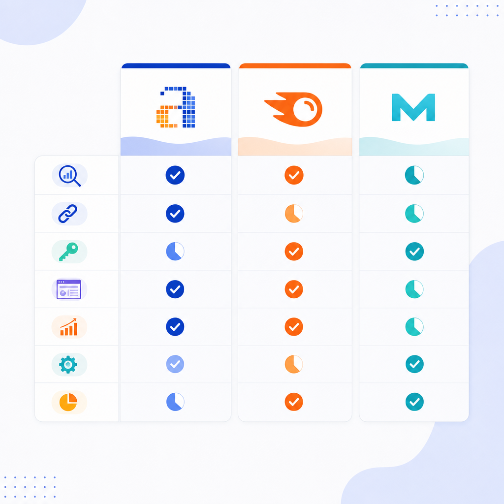 An infographic showing a comparison of features between popular automated SEO tools like Ahrefs, SEMrush, and Moz Pro, highlighting their unique offerings and benefits.