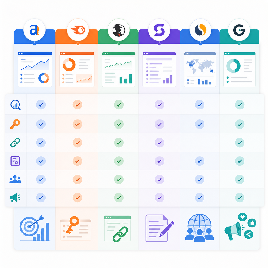A detailed infographic showing different competitor analysis tools with logos, capabilities, and use cases labeled.