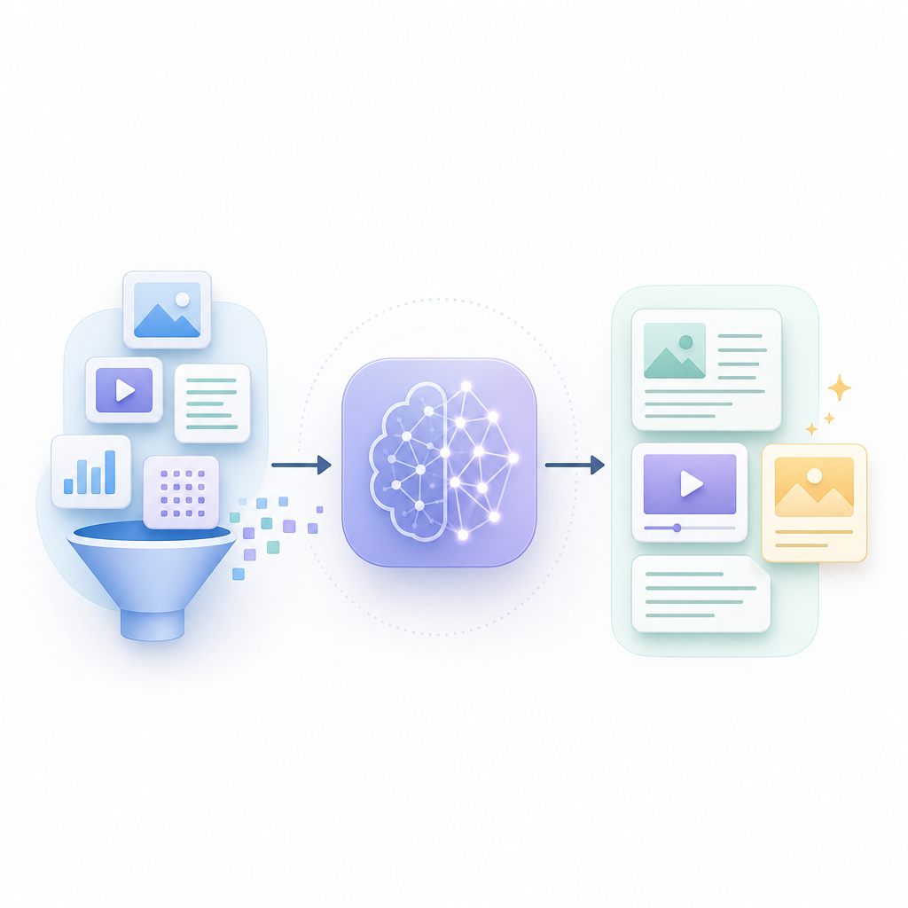 "A visually compelling infographic illustrating the workflow of AI content generation, showing stages such as data input, processing, and output."