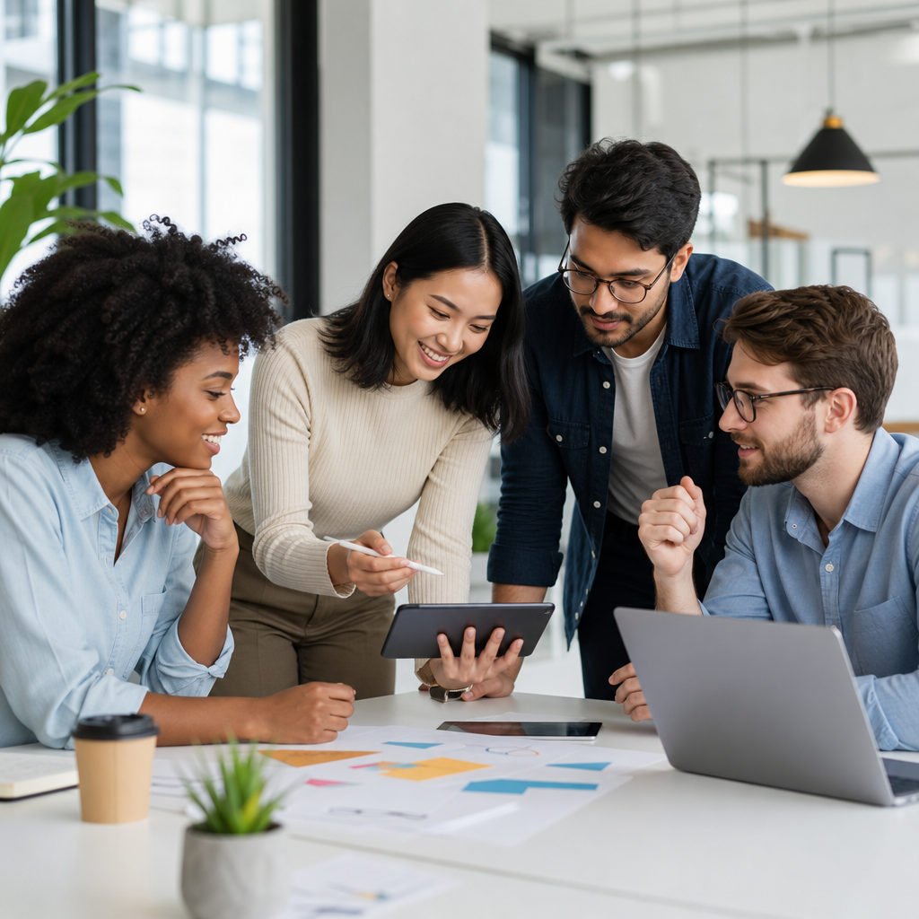 A vivid image showing a group of diverse professionals collaborating in a modern office setting, showcasing brainstorming with digital devices.