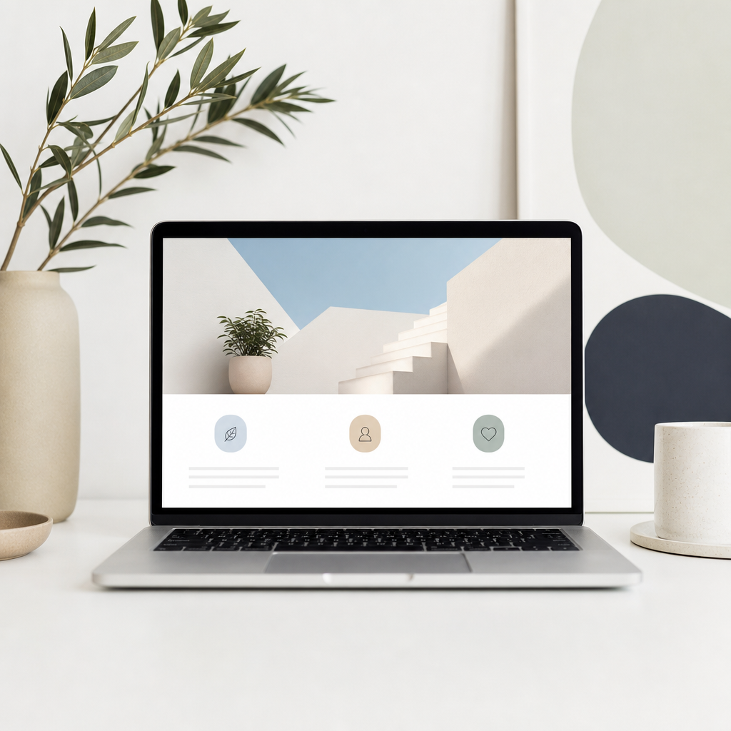 A sleek, modern website with generous white space, minimalistic typography, and subtle color accents highlighting key sections.