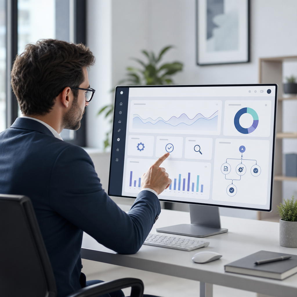 A detailed image showing a businessperson interacting with an SEO automation dashboard in an office setting.