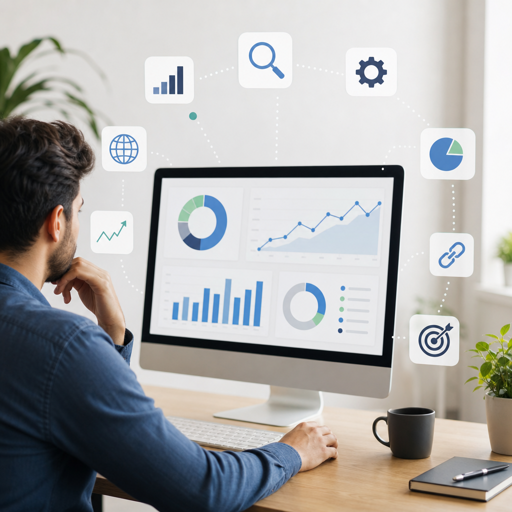 A person analyzing data on a computer screen for SEO metrics, surrounded by digital marketing icons.