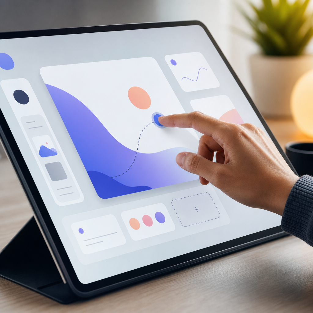 A close-up of a person engaging with an interactive touchscreen with animated content and diagrams, illustrating user interaction with web design