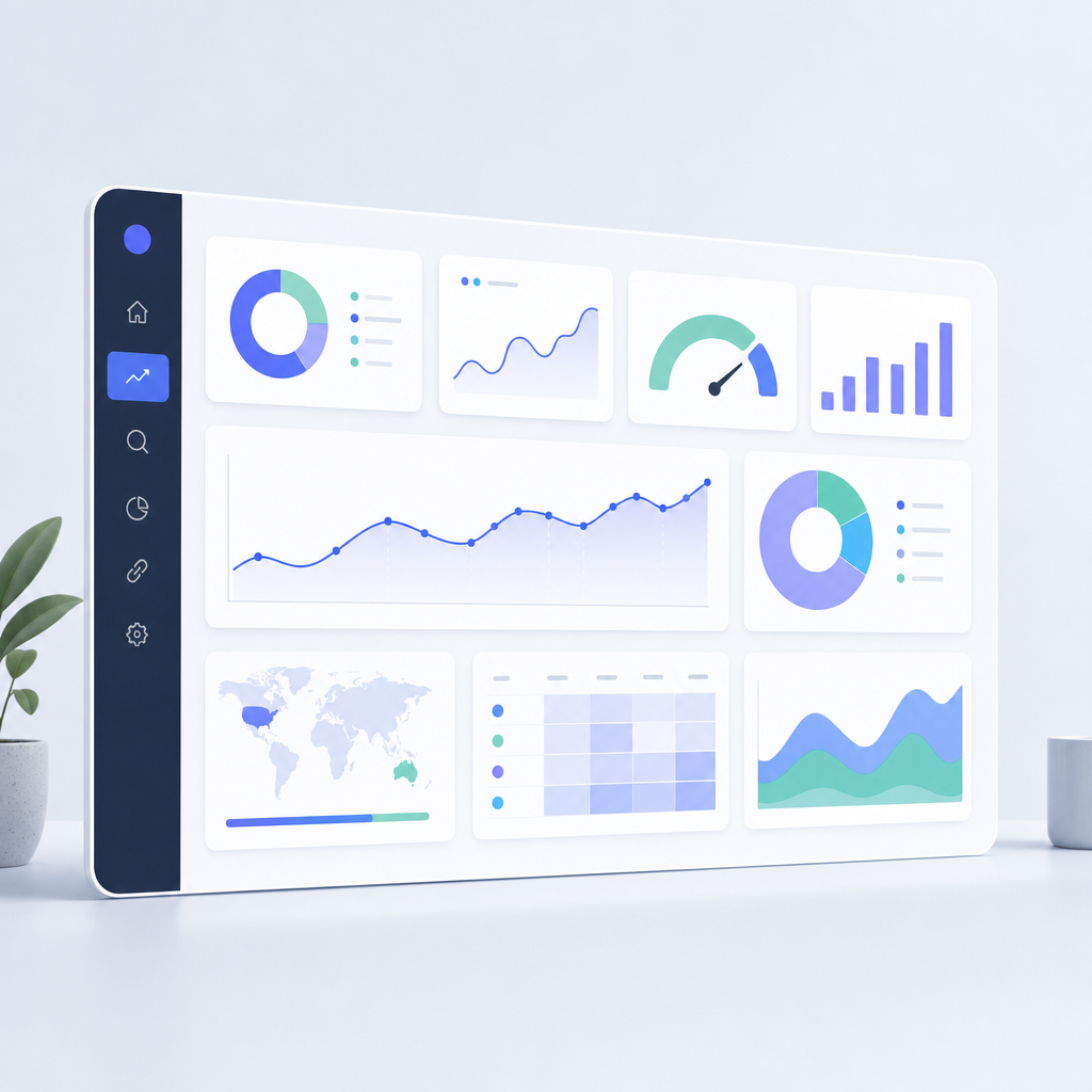 A digital dashboard displaying SEO analytics, with graphs and charts showing various metrics.