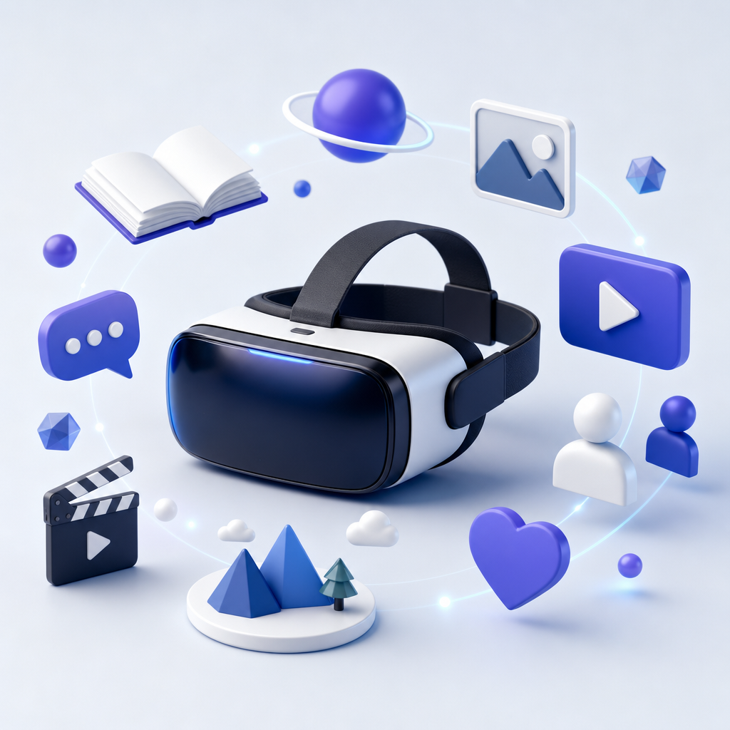 A vivid 3D representation of a virtual reality headset surrounded by digital icons symbolizing interactive media, storytelling, and user engagement.