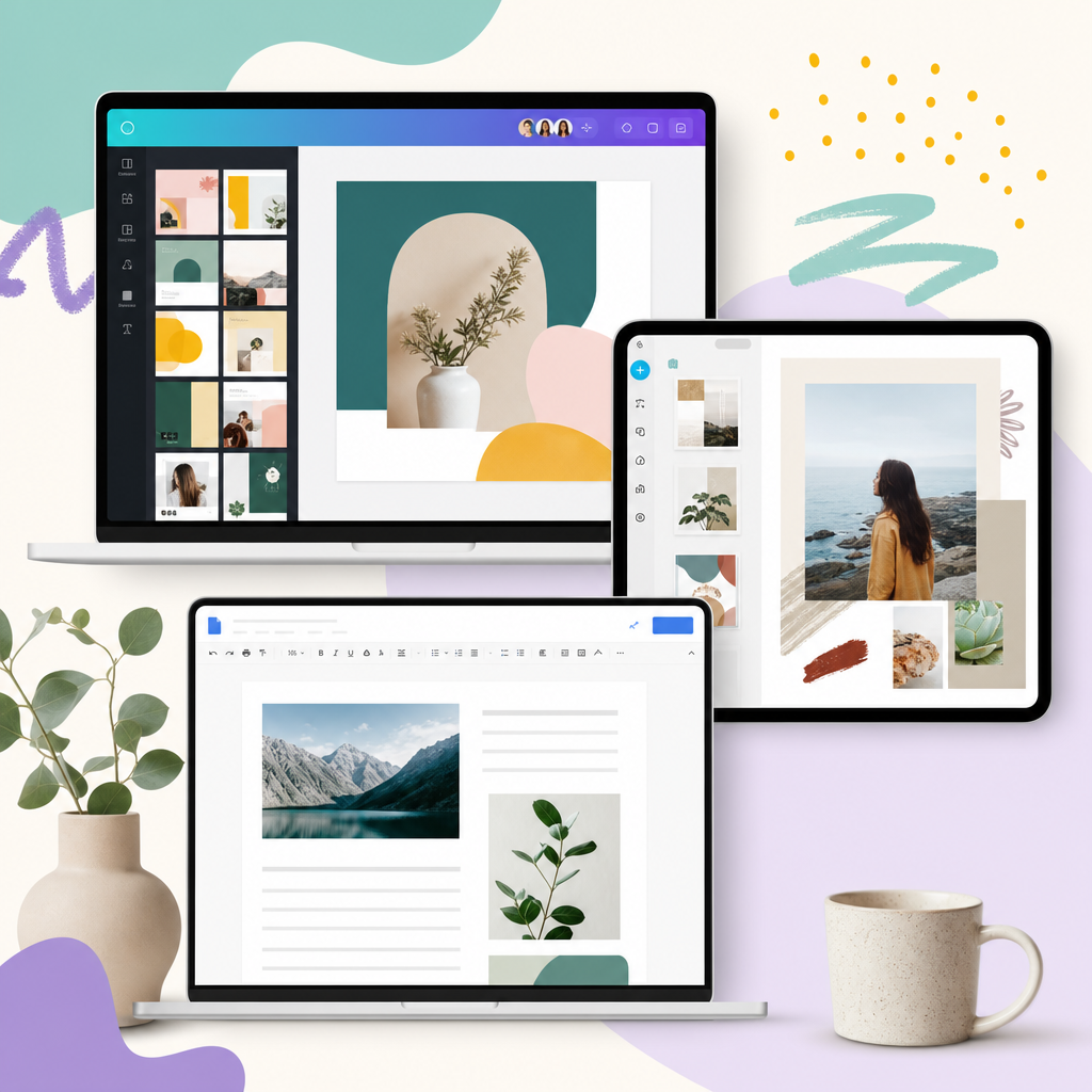 A vibrant collage showing various user-friendly screens of different content creation tools like Canva, Adobe Spark, and Google Docs being used for crafting content.