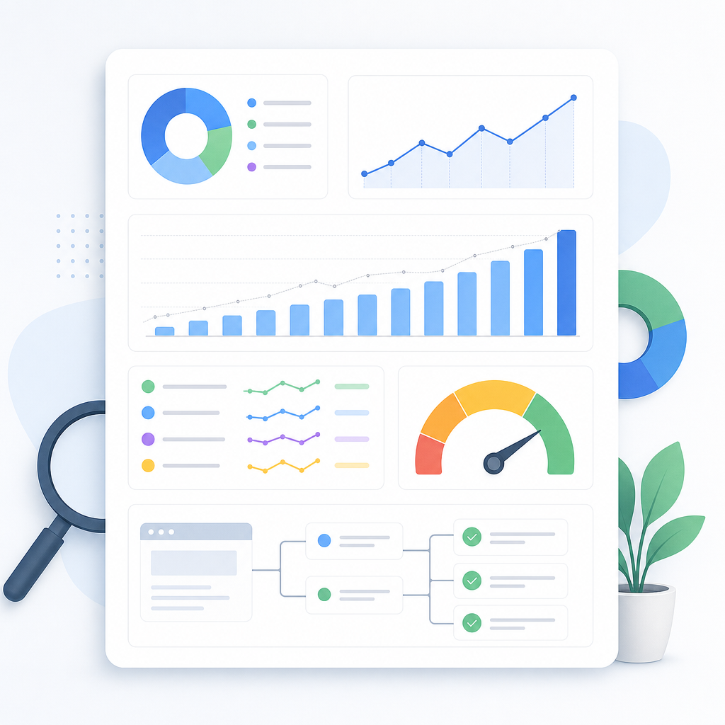 An infographic illustrating the components of a detailed monthly SEO report, including graphs of organic traffic, keyword rankings, and technical health metrics.