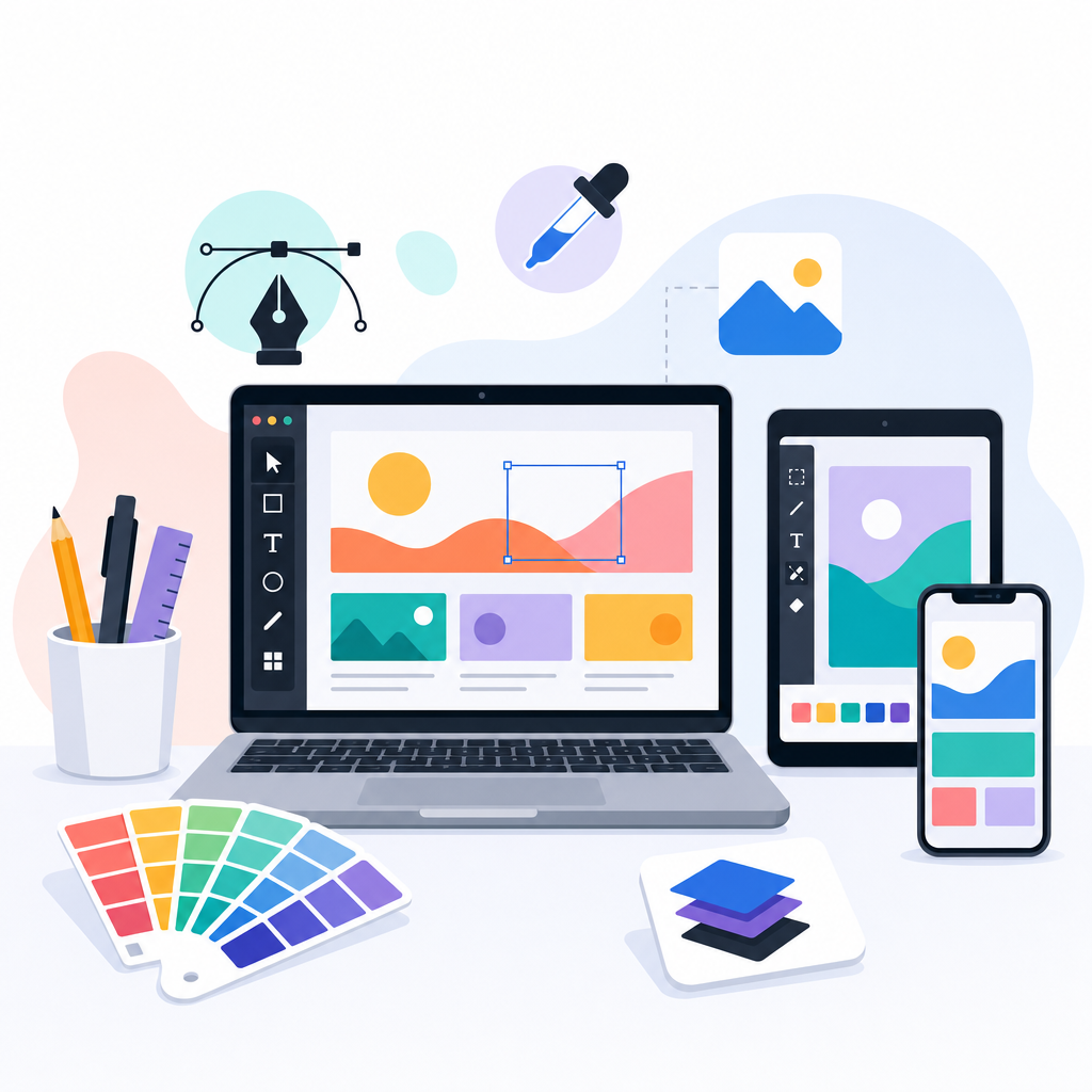 A vibrant, colorful illustration showing different simplified web design tools being used on various devices like a laptop, tablet, and smartphone.