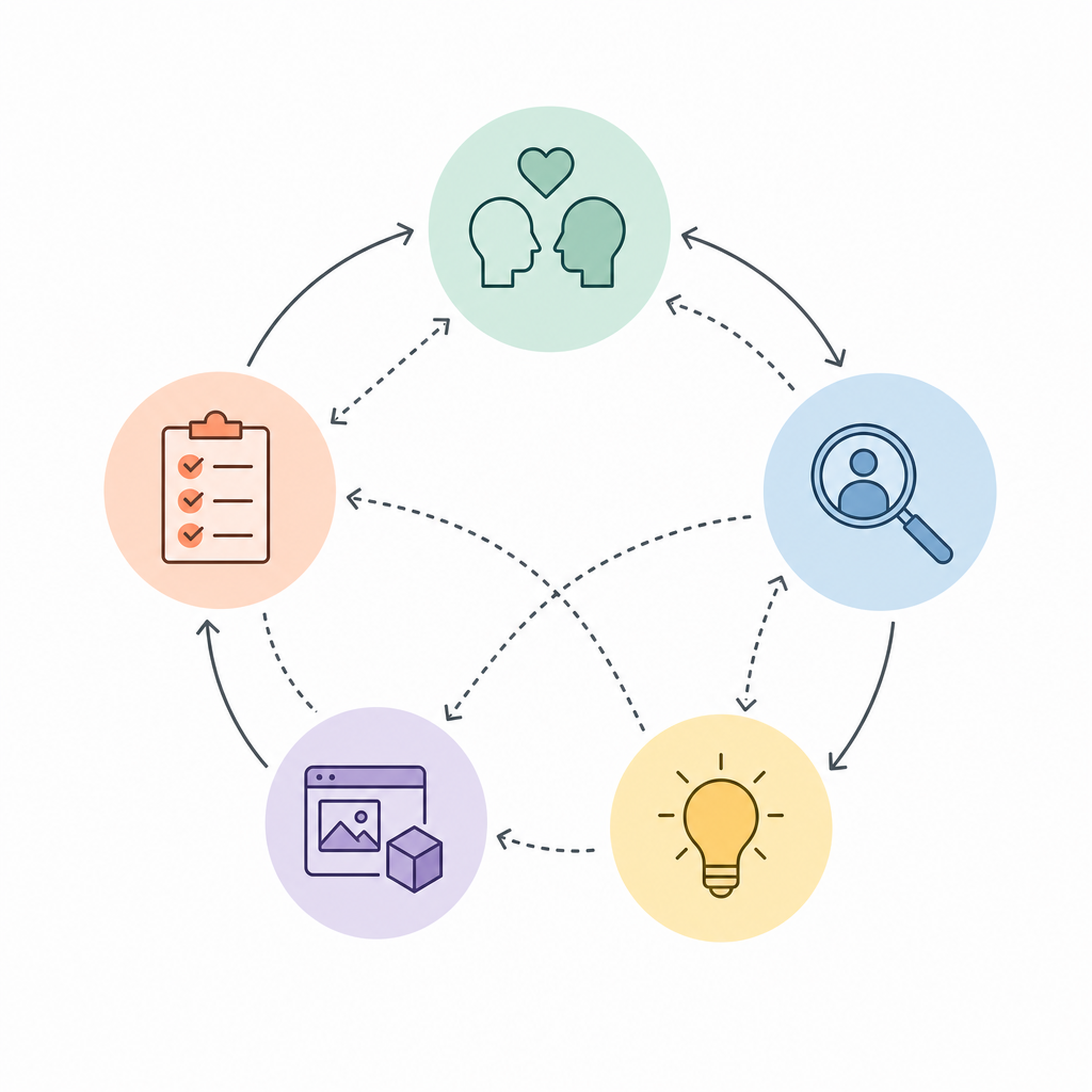 A diagram illustrating the iterative nature of the design thinking process, showing stages like empathize, define, ideate, prototype, and test.