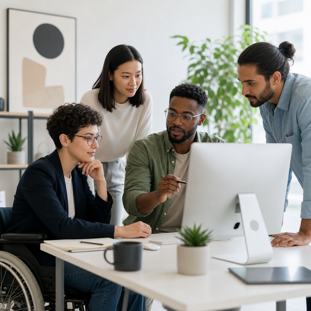 This image should show a diverse team of professionals gathered around a computer, collaborating on a website accessibility project.
