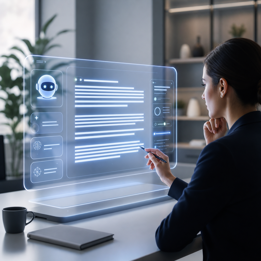 A futuristic interface showing an AI writing tool generating text on a holographic screen while a professional observes and fine-tunes content.