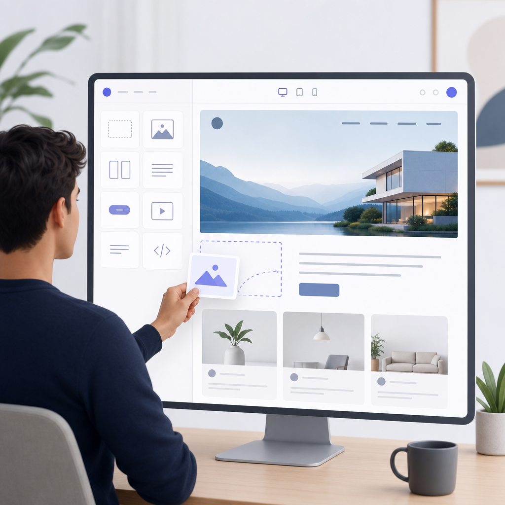 An illustrative image showing a developer using drag-and-drop features in a low-code platform while a fully integrated website evolves on the screen.