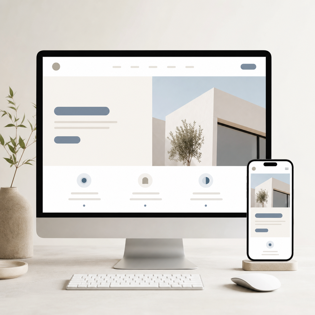 A beautifully minimalist website with clear navigation and interactive elements on a desktop and mobile screen, demonstrating responsive design.