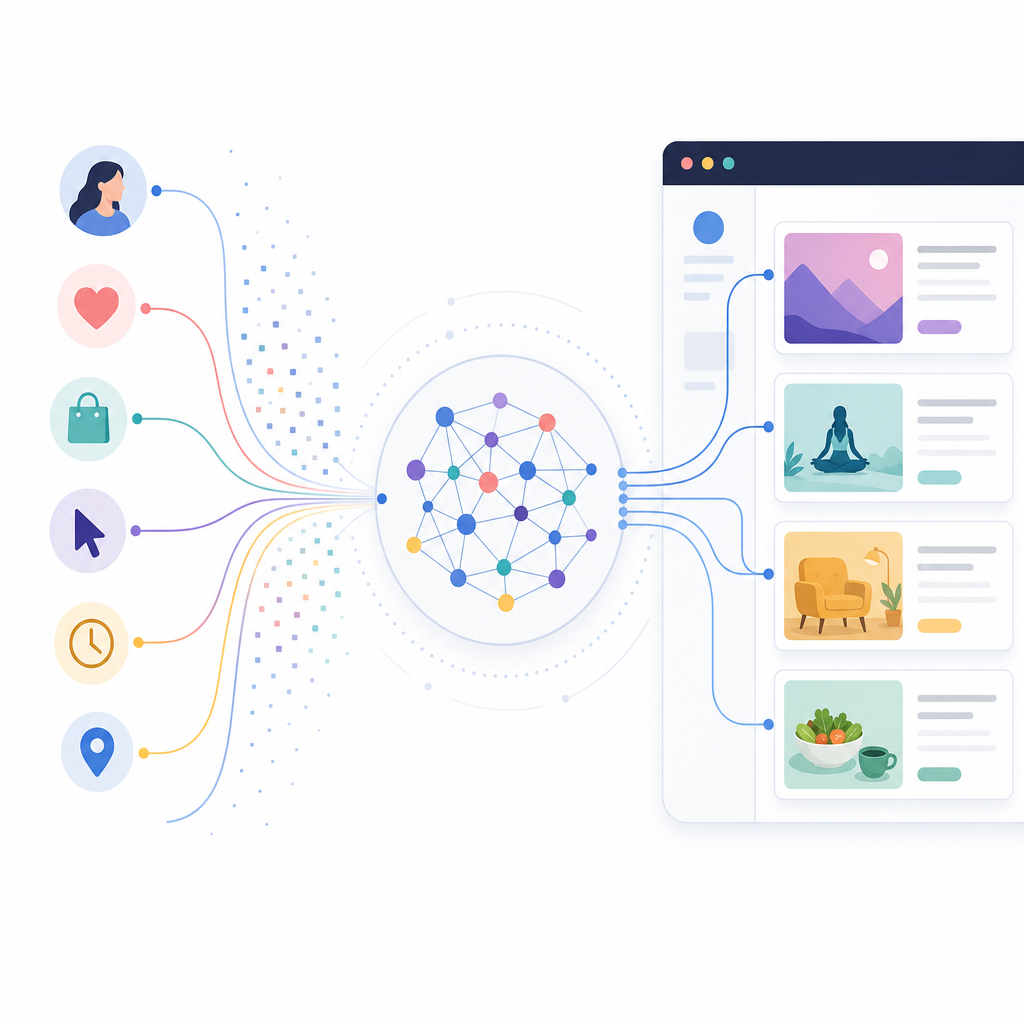 A graphically detailed diagram showing how user data moves through an algorithm to output personalized content on a web interface