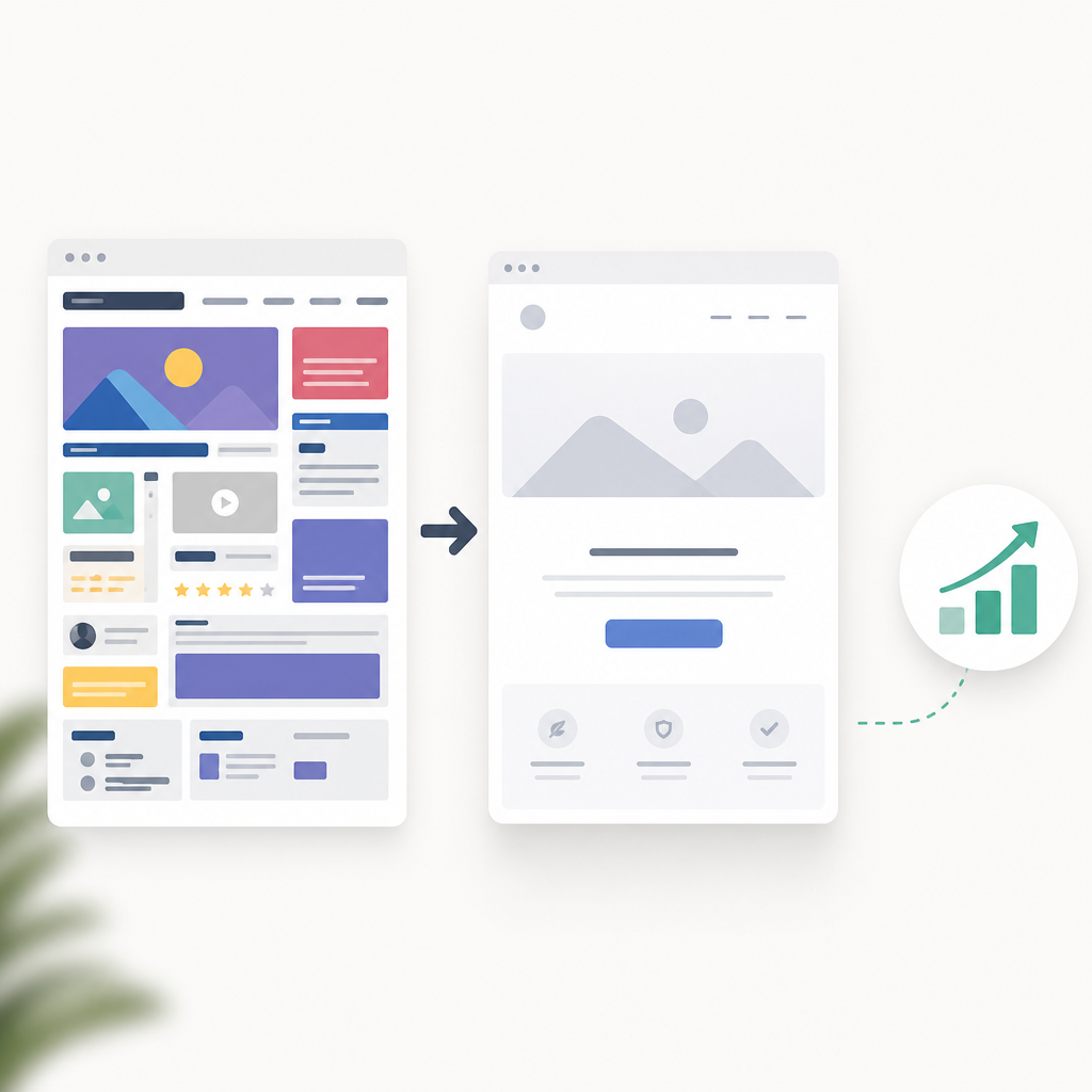 An image showing a busy website versus a minimalist website with an arrow indicating comparison results in conversions.