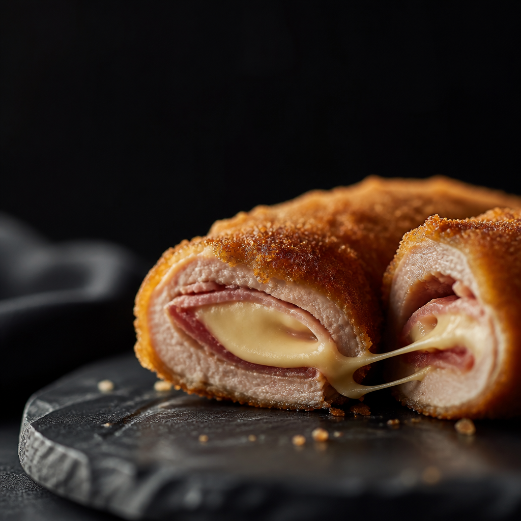 Una tentadora imagen de un cachopo artesanal justo después de ser cortado, mostrando su jugoso relleno de jamón y queso.