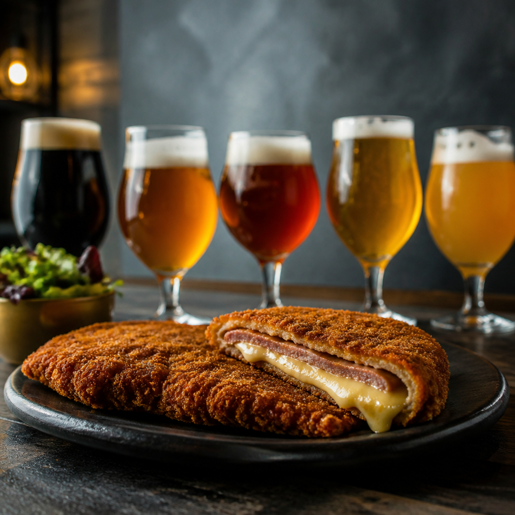 Una imagen centrada de un cachopo crujiente acompañado por un surtido de cervezas artesanales en diferentes copas, mostrando los colores vibrantes de cada una.
