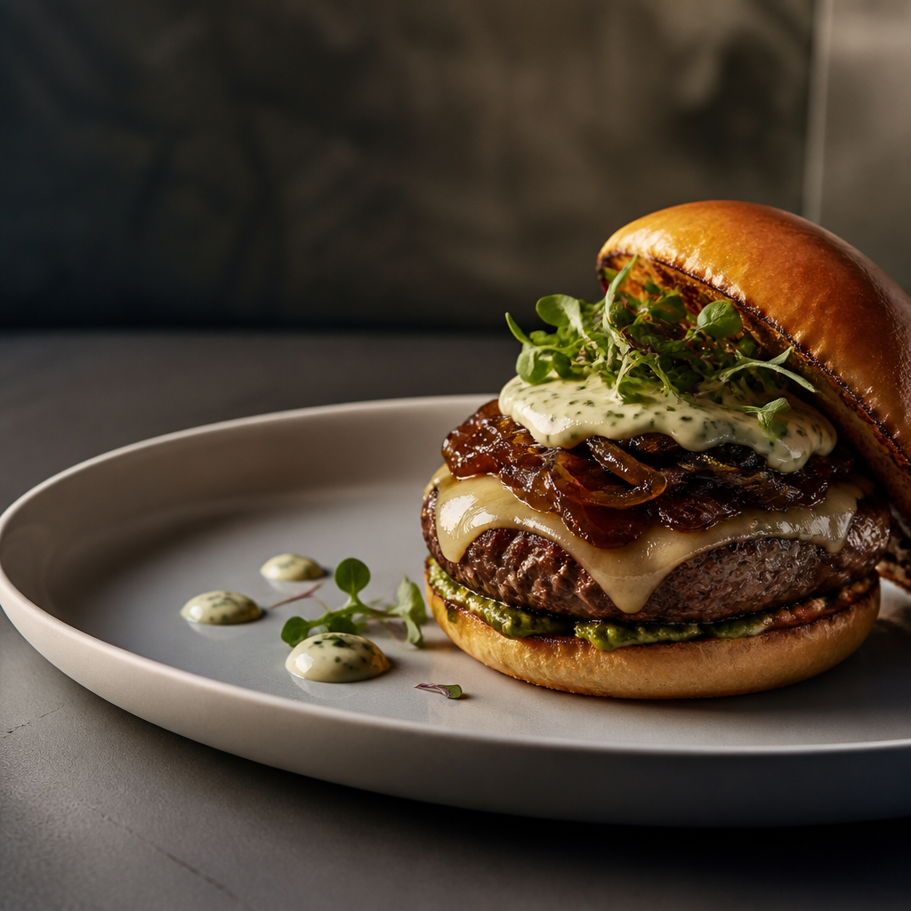 Una imagen detallada de una hamburguesa gourmet recién hecha en un plato elegante, mostrando jugosos ingredientes frescos y una salsa cremosa perfectamente aplicada.