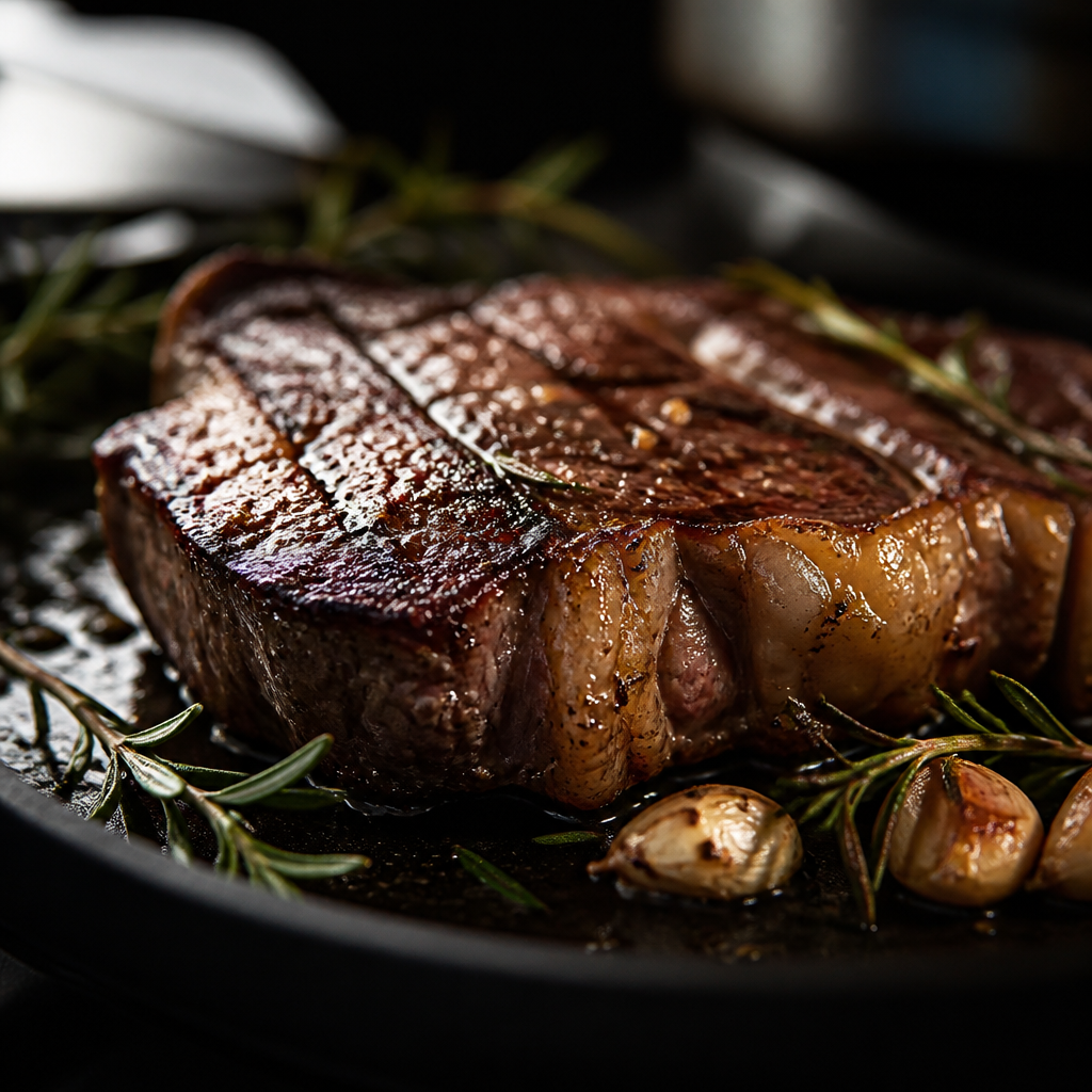 Close-up view of a perfectly cooked ribeye steak with marbled fat, sizzling on a cast iron skillet, surrounded by fresh rosemary and garlic.