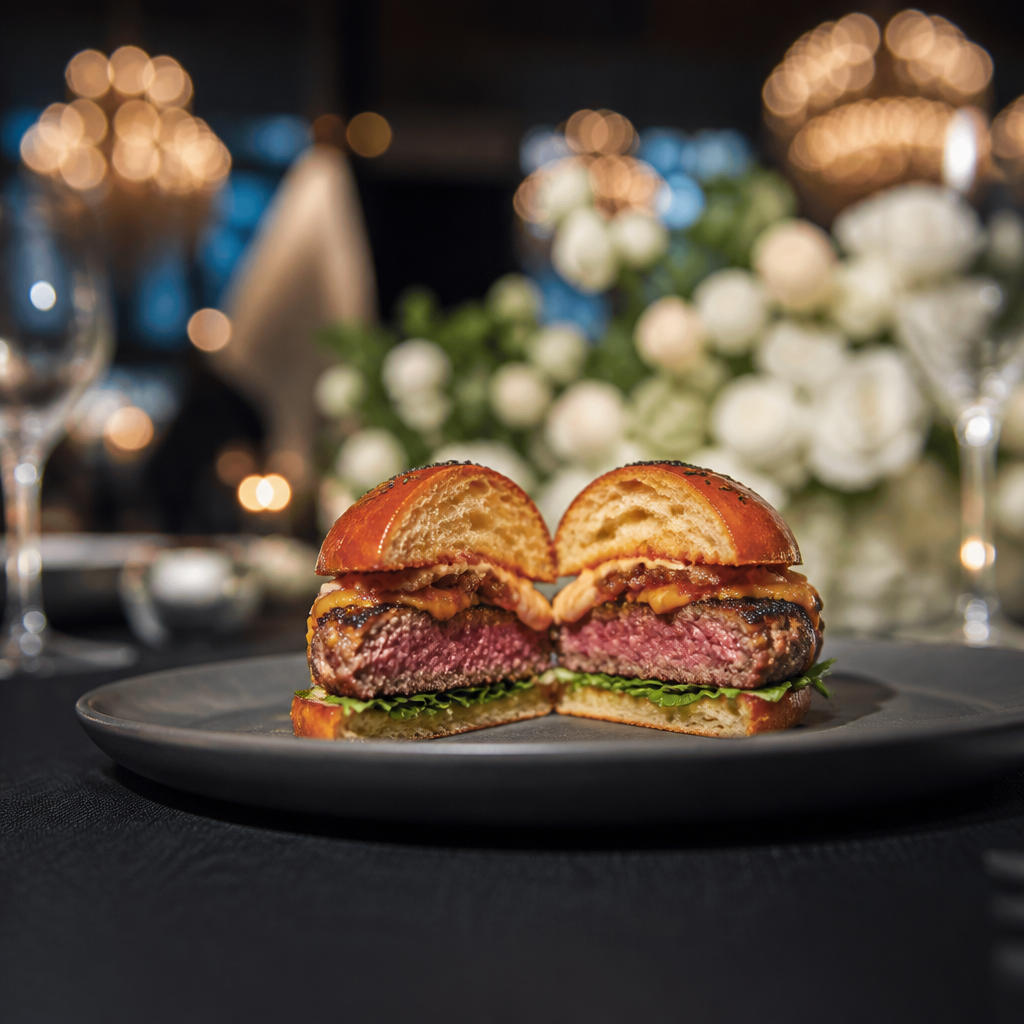 An impressive display of a gourmet burger, sliced in half to show layers of premium beef, melted cheese, fresh greens, and artisan bun at an elegant event.