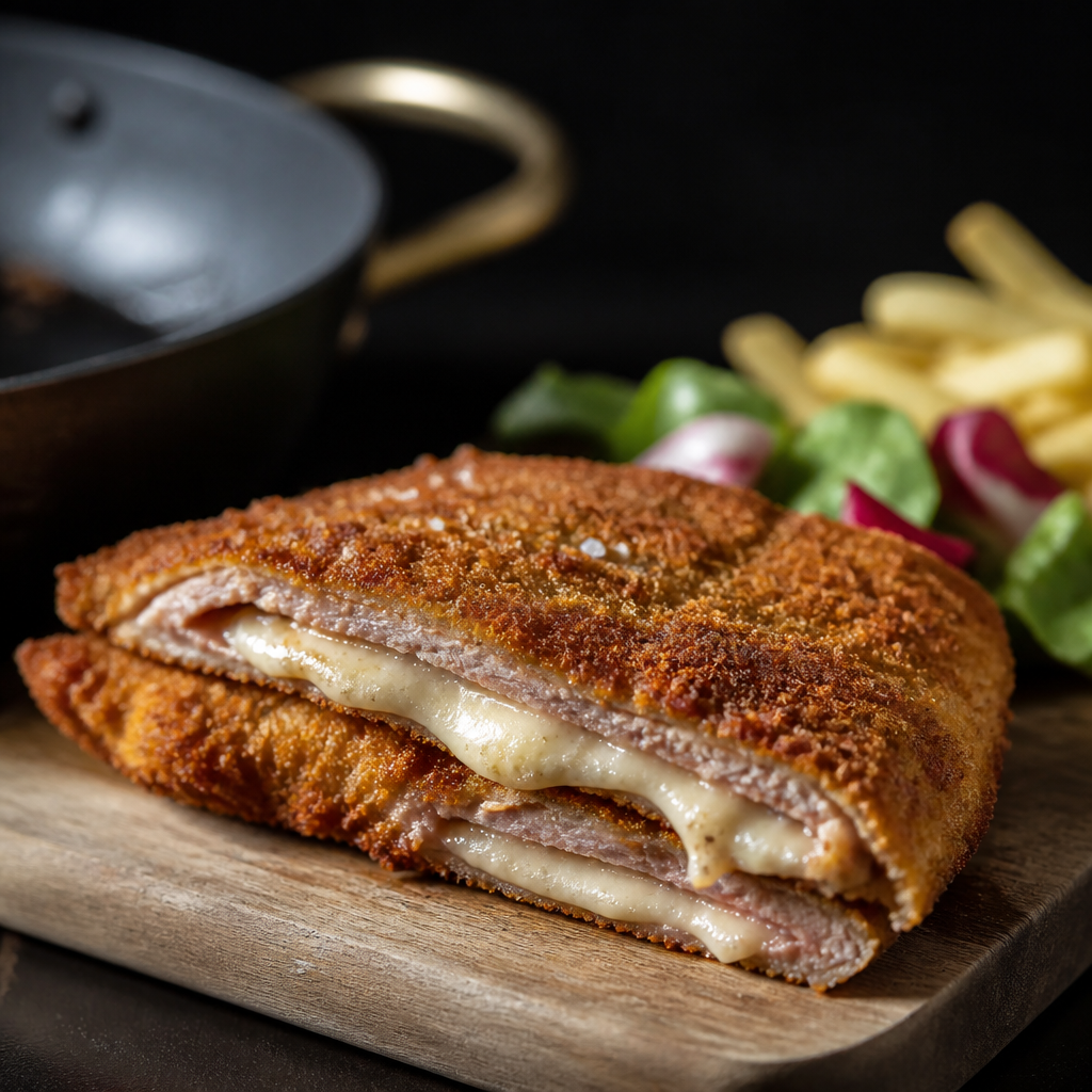Una imagen de un cachopo dorado y crujiente recién salido de la sartén, posiblemente con un par de patatas fritas y una ensalada fresca al lado.