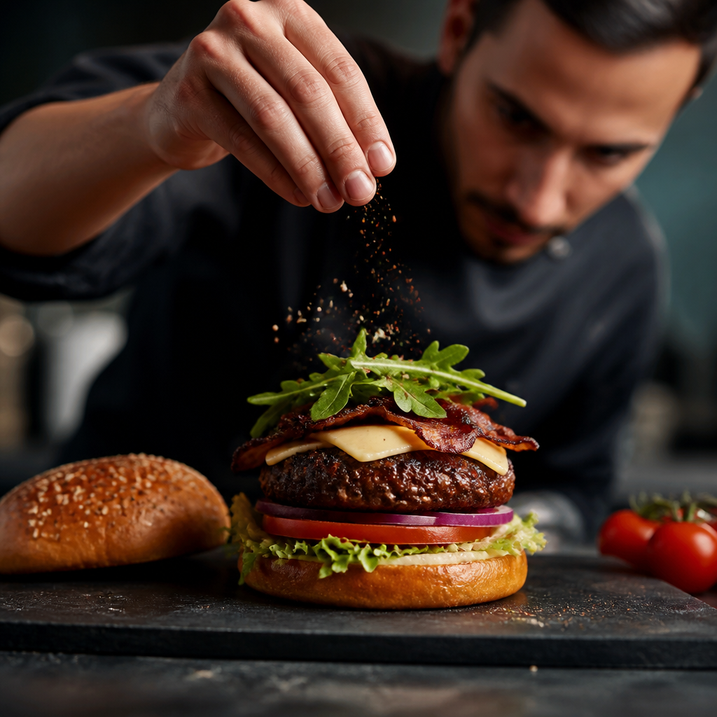 A vibrant, close-up image showing a chef skillfully preparing a gourmet burger with fresh ingredients and spices, highlighting the intricate layers of the burger and the chef's focused expression.