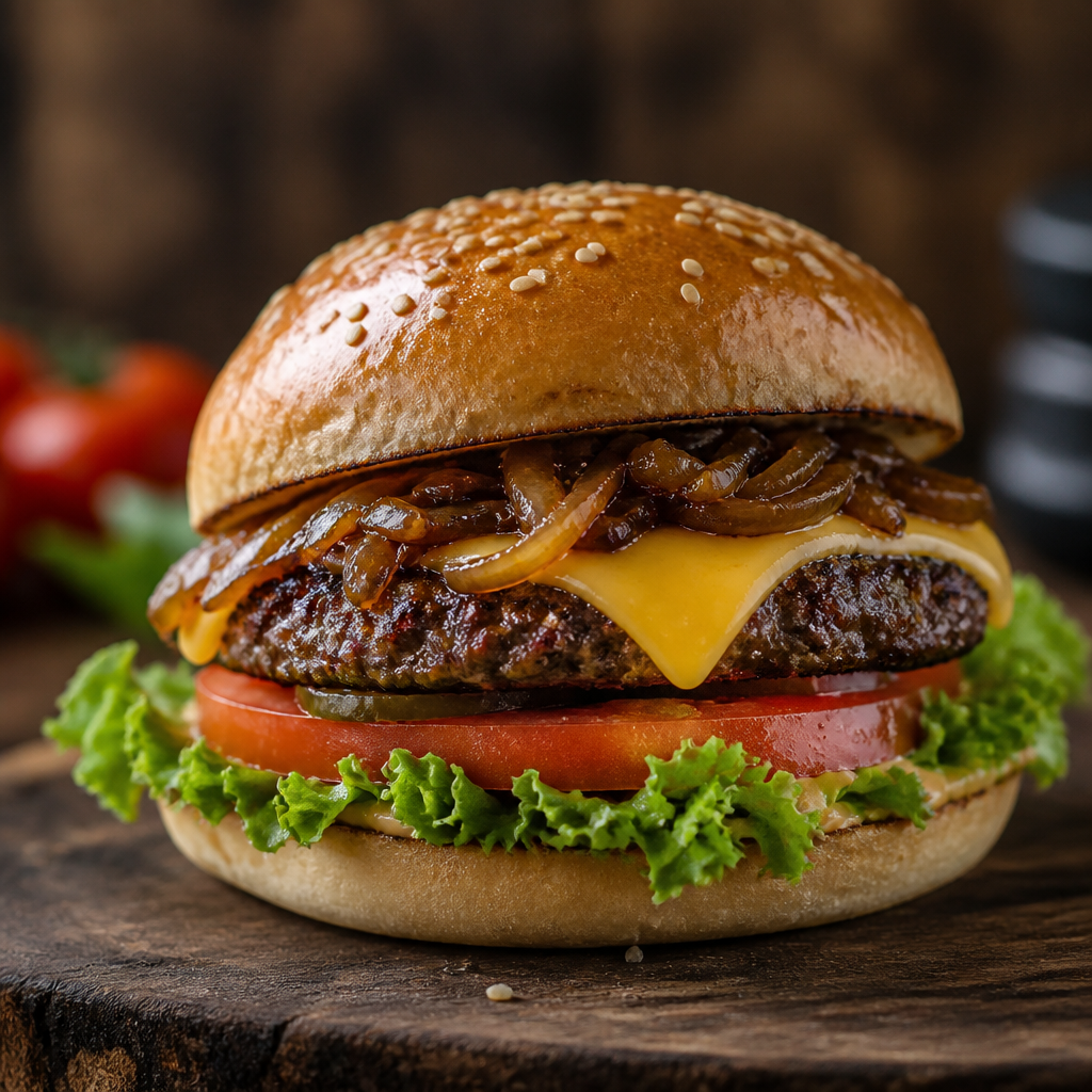 Una fotografía de una hamburguesa gourmet altamente atractiva, con ingredientes frescos detalladamente visibles, como lechuga verde vibrante, rodajas de tomate, queso derretido, y cebollas caramelizadas, sobre un fondo rústico.