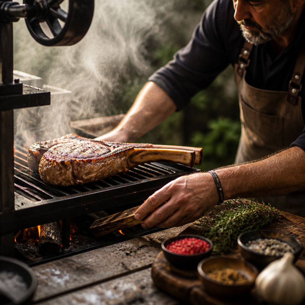 Un maestro asador ajustando el fuego en una parrilla mientras cocina un hermosamente dorado chuletón de buey, rodeado de especias y hierbas frescas.