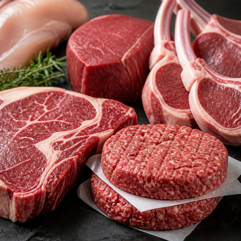 Un primer plano de una variedad de carnes gourmet frescas y cortes listos para hamburguesas