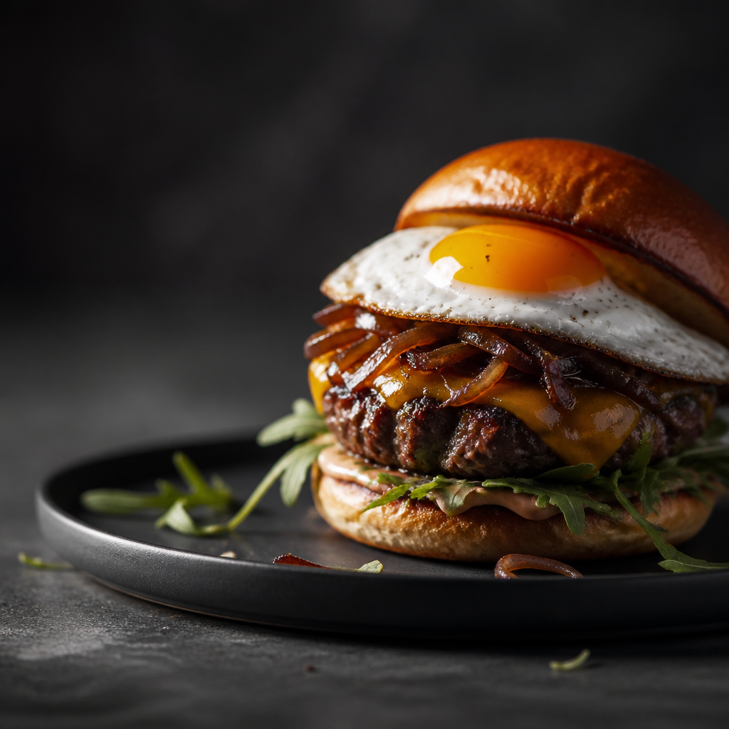 Una imagen mostrando una jugosa hamburguesa gourmet con toppings creativos, como cebolla caramelizada, queso cheddar y un huevo frito encima.