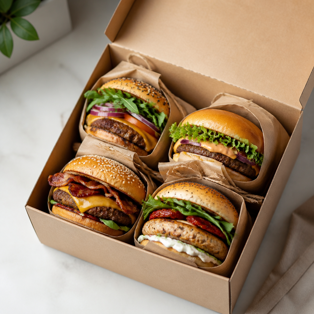 Una fotografía que muestre una caja abierta con hamburguesas gourmet frescas y diversas, empaquetadas cuidadosamente.