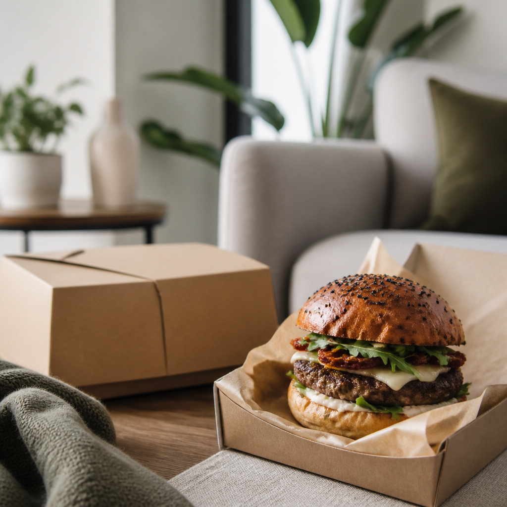 Una imagen que muestra una deliciosa hamburguesa gourmet con ingredientes frescos y una presentación elegante, junto a una caja de entrega a domicilio en un hogar.