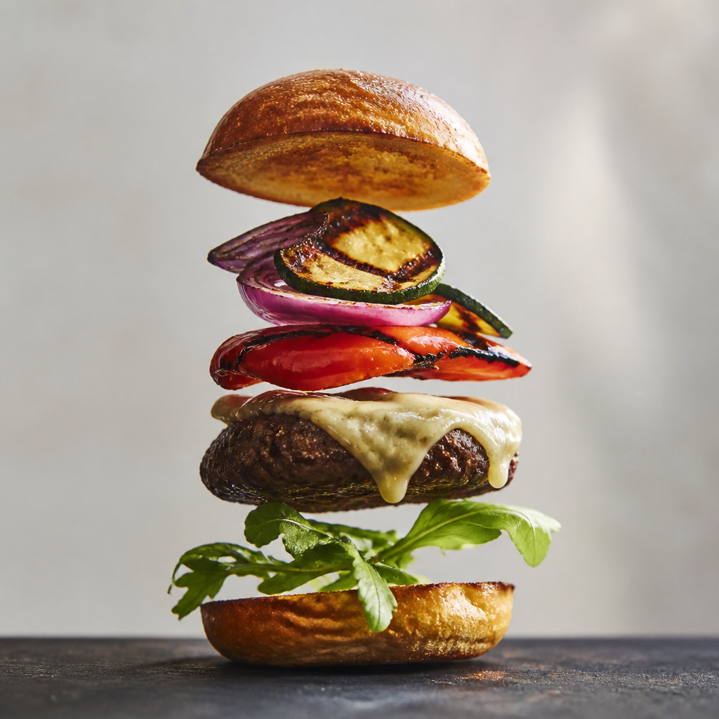 Una imagen apetecible de una hamburguesa gourmet con queso fundido y vegetales a la parrilla