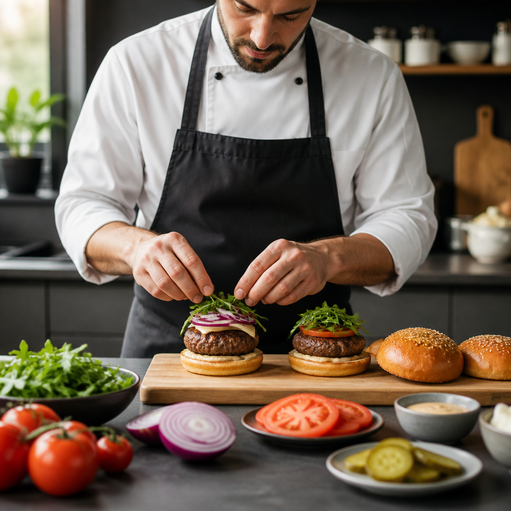 Imagen de un chef preparando hamburguesas gourmet, mostrando los ingredientes frescos dispuestos ordenadamente en una cocina bien iluminada.