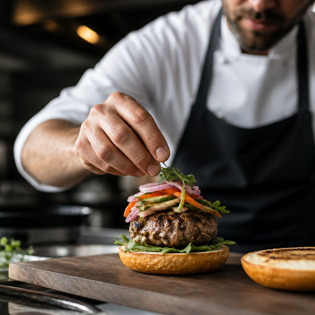 Un chef gourmet preparando una hamburguesa de cordero con verduras frescas de temporada en una cocina bien equipada.