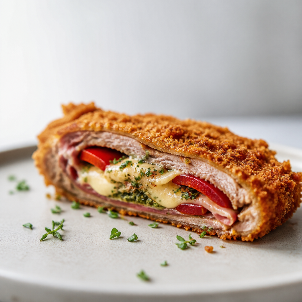 An enticing close-up of a sliced cachopo showcasing the layers of a gourmet, innovative filling using vibrant colors to highlight ingredients