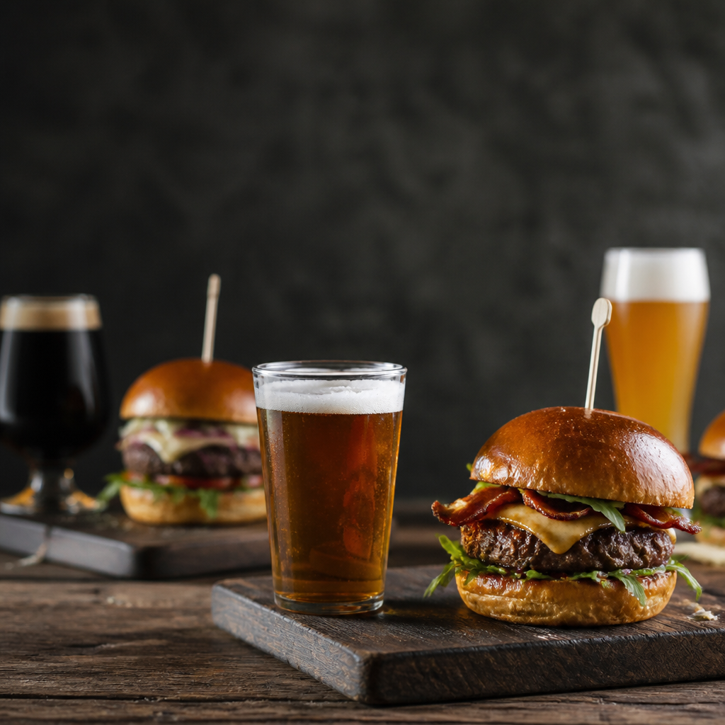 Una mesa rústica con varias cervezas de diferentes tipos y hamburguesas gourmet listas para ser degustadas.
