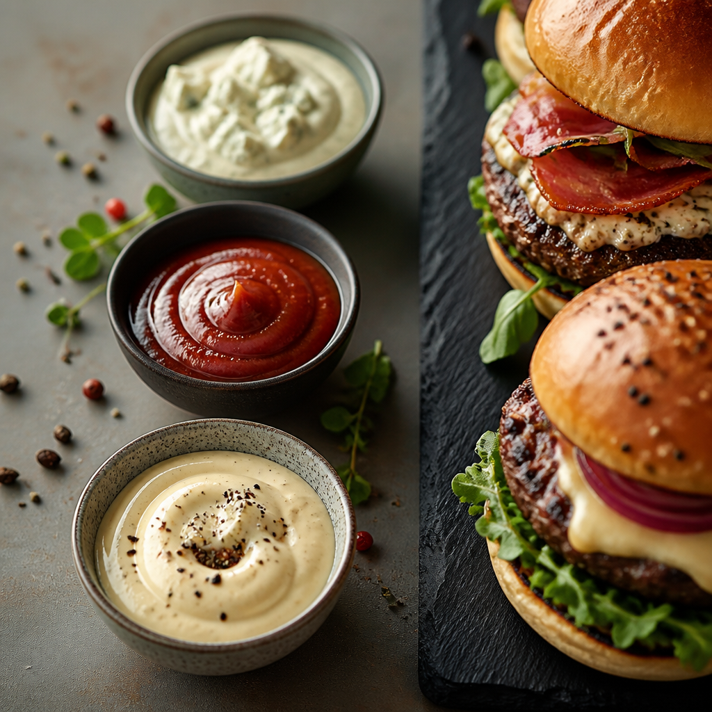 Una imagen vibrante mostrando diversas salsas gourmet como mayonesa de trufa, ketchup ahumado, y crema de queso azul en tazones pequeños junto a jugosas hamburguesas gourmet.