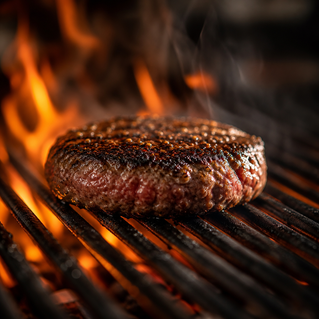 Una foto de una hamburguesa artesanal a medio cocinar sobre una parrilla, mostrando las llamas y el delicioso dorado de la carne