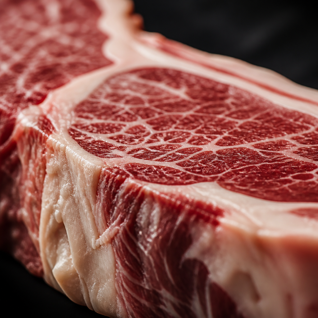 Una imagen de cerca de un chuletón en una tabla de cortar, mostrando el marmoleo intrincado de la carne.