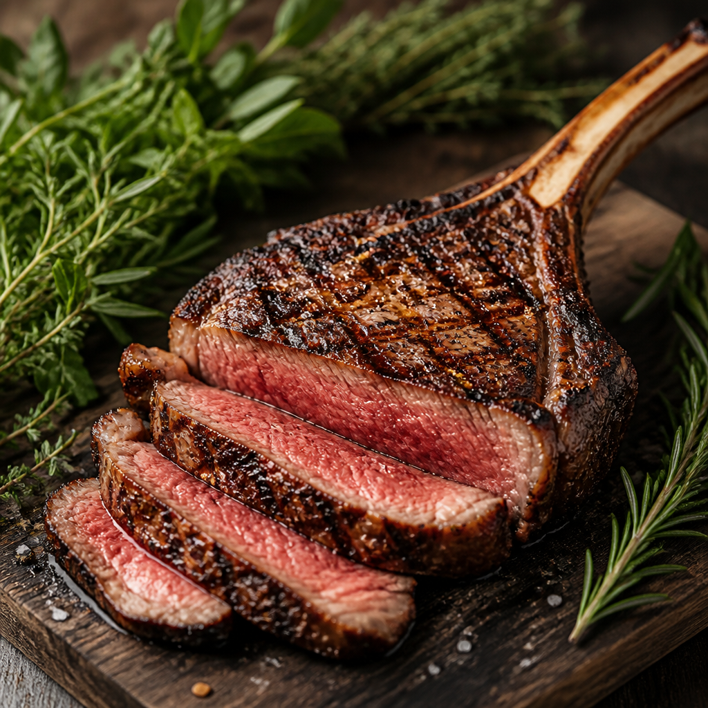 Un corte jugoso de Tomahawk a la parrilla con marcas de cocción y un fondo de hierbas frescas